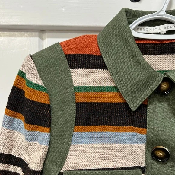 VERONICA BEARD Jacket LORELAI Small Green Stripe Bomber Puff Pocket Twill